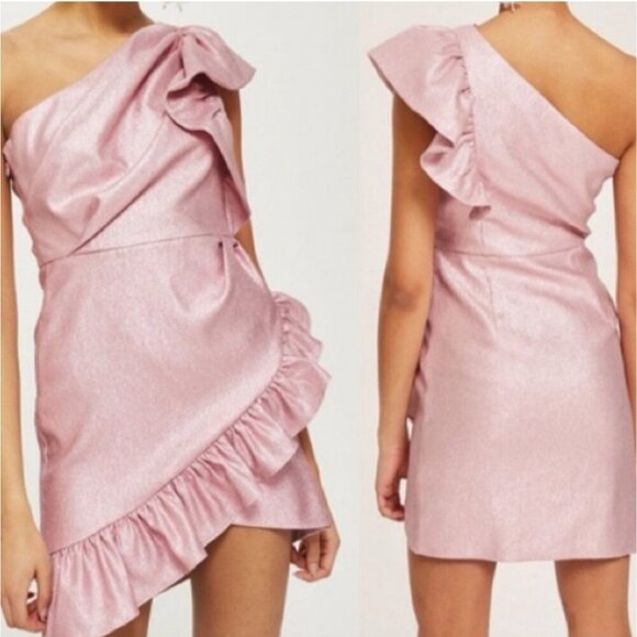 Topshop One Shoulder Glitter Textured Ruffled Mini Party Dress Pink Size 2 NWT - Picture 1 of 16